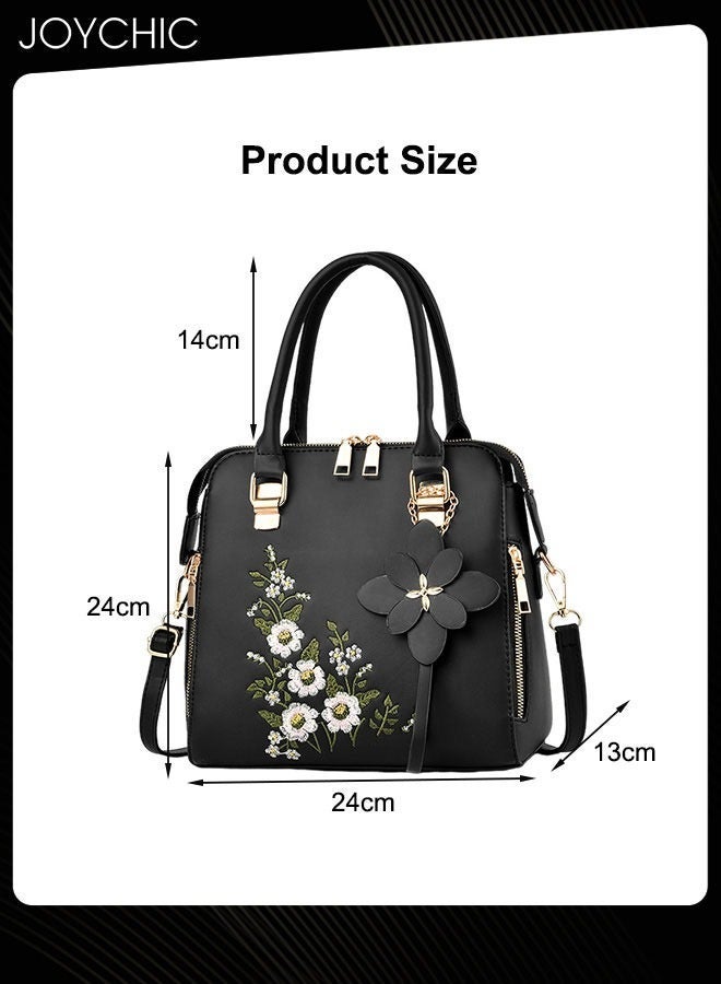 Joychic New Style Women Fashion Embroidered Handbag Large Capacity Commuting Shoulder Crossbody Bag PU Waterproof Ladies Tote Black - Image 5