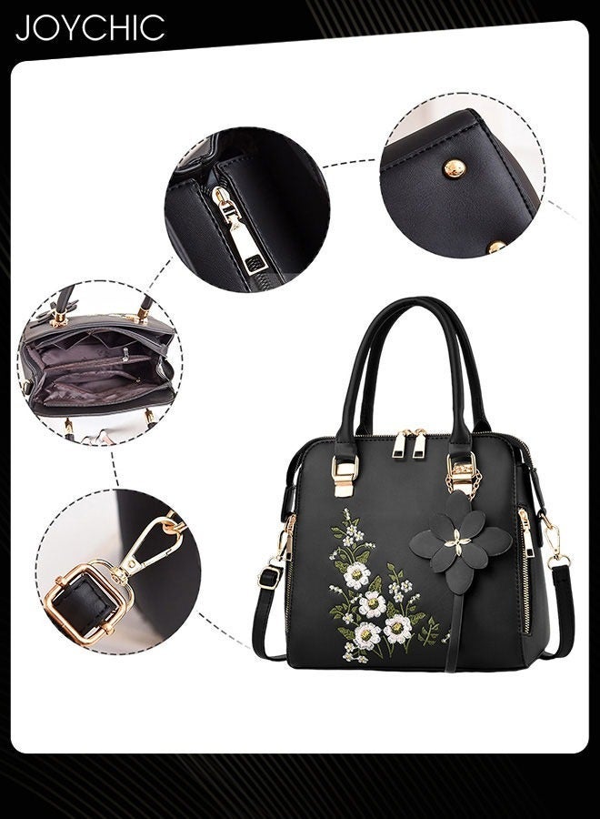 Joychic New Style Women Fashion Embroidered Handbag Large Capacity Commuting Shoulder Crossbody Bag PU Waterproof Ladies Tote Black - Image 3