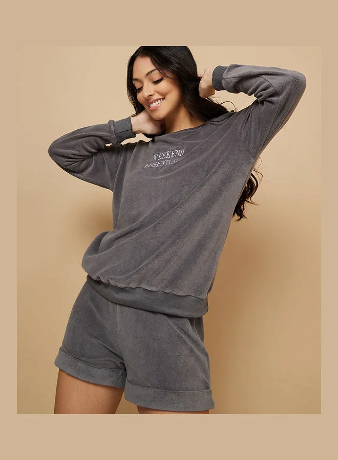 Styli Weekend Essentials Fleece Drop Shoulder Top and Shorts Set