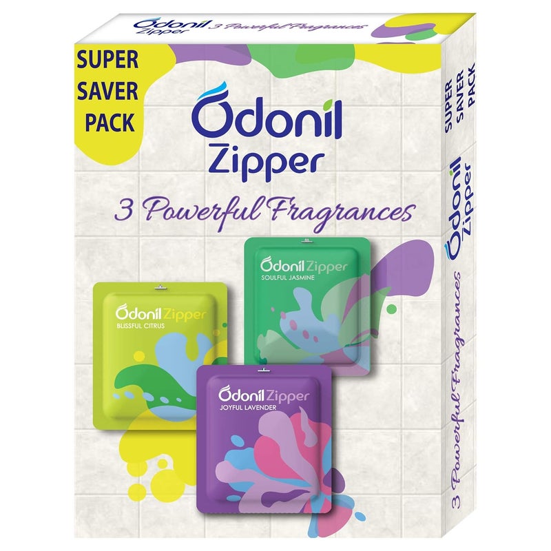 Odonil Bathroom Air Freshener Zipper Mix 30g 10gx3 Assorted Pack Instant Long Lasting Fragrance Lasts upto 30 days Germ Protection Air Freshener for Bathroom Toilet Home Office - Image 1