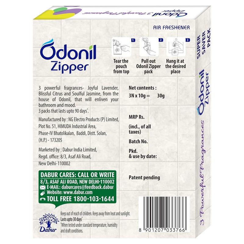 Odonil Bathroom Air Freshener Zipper Mix 30g 10gx3 Assorted Pack Instant Long Lasting Fragrance Lasts upto 30 days Germ Protection Air Freshener for Bathroom Toilet Home Office - Image 5