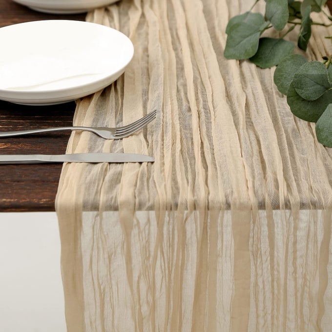 BEIGE CHEESECLOTH TABLE RUNNER 133FT BOHO GAUZE CHEESE CLOTH TABLE RUNNER RUSTIC SHEER RUNNER 160INCH LONG FOR WEDDING BRIDAL BABY SHOWER BIRTHDAY PARTY CAKE TABLE DECORATIONS