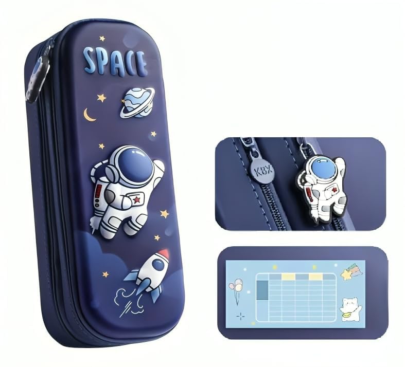 Royals hub Double Layer Space Pencil Case 3D Cover EVA Space Astronaut Theme Large Capacity Zipper Pouch Bag Compass School Organizer Students Kids Premium Stylish Pen Holder Stationery Box, Blue - Image 5