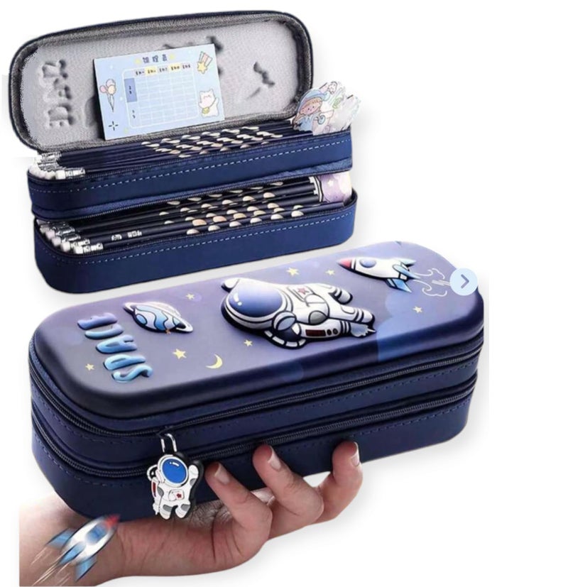 Royals hub Double Layer Space Pencil Case 3D Cover EVA Space Astronaut Theme Large Capacity Zipper Pouch Bag Compass School Organizer Students Kids Premium Stylish Pen Holder Stationery Box, Blue - Image 3