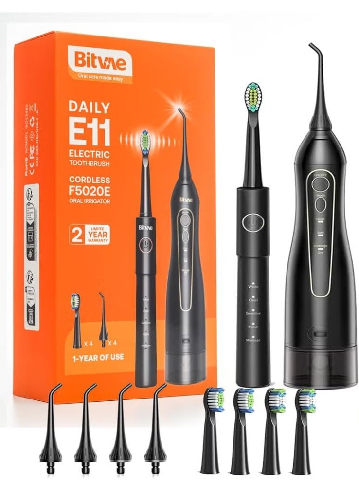 Bitvae E11 + F5020E Electric Toothbrush and Water Flosser, 5 Modes, 4 Brush Heads, 4 Flosser Nozzles, 300ml Water Tank, IPX7, Black - Image 1