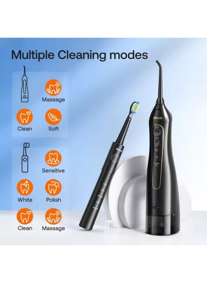 Bitvae E11 + F5020E Electric Toothbrush and Water Flosser, 5 Modes, 4 Brush Heads, 4 Flosser Nozzles, 300ml Water Tank, IPX7, Black - Image 2