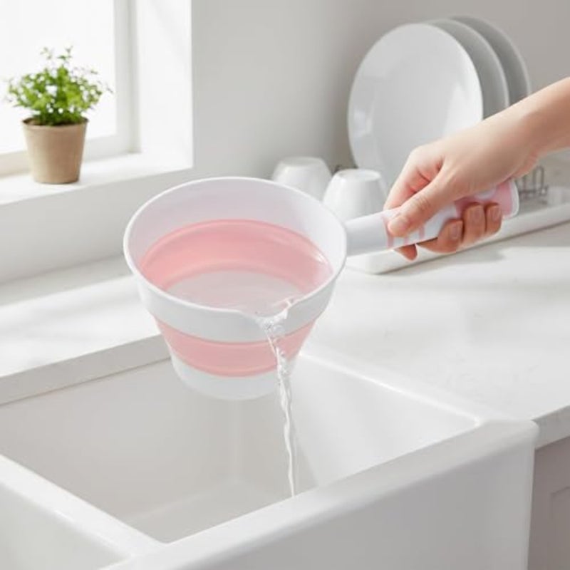 2 Pcs Collapsible Water Ladle, for Bathroom and Kitchen, Foldable Water Scoop with Ergonomic Handle for Cleaning and Hair Washing, Portable Dipper for Camping Gardening, Pink Grey - Image 3