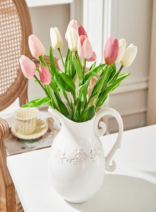 Otartu Ceramic Pitcher White Flower Vase, Farmhouse Ceramic Jug Vase for Home Décor, 7.3 inch Height. - Image 2