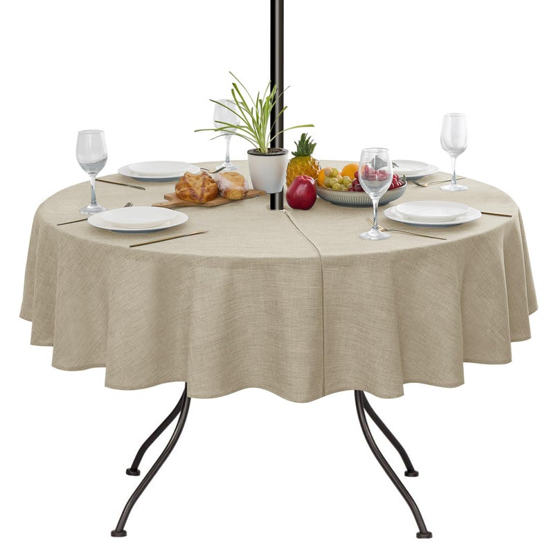 LUSHVIDA Outdoor Tablecloth with Umbrella Hole - Patio Table Cloth Zippered Round 60 Inch, Linen-Look Polyester Table Cover Water Resistant for Picnic Outside, Natural Color - Image 2