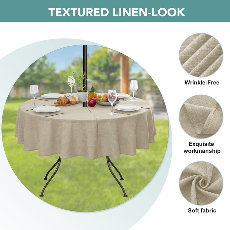 LUSHVIDA Outdoor Tablecloth with Umbrella Hole - Patio Table Cloth Zippered Round 60 Inch, Linen-Look Polyester Table Cover Water Resistant for Picnic Outside, Natural Color - Image 4