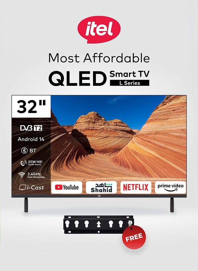 إيتيل تلفزيون ذكي QLED مقاس 32 بوصة مع مثبت جدار| دقة HD ‏1366 × 768 | نظام أندرويد TV مع Wi-Fi وDLNA | معالج رباعي النواة | قدرة سماعات 20 واط | منفذا HDMI عدد 2 ومنفذا USB عدد 2 | يدعم Netflix وYouTube وPrime Video | معدل تحديث 60 هرتز | موديل سنة 2025 L3260KN اسود - Image 1
