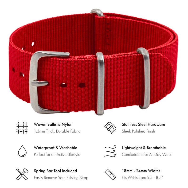 Benchmark Basics Nylon Watch Band - Waterproof Ballistic Nylon One-Piece Military Watch Straps for Men & Women - Choice of Color & Width - 18mm, 20mm, 22mm or 24mm (22mm, Red) - Image 2