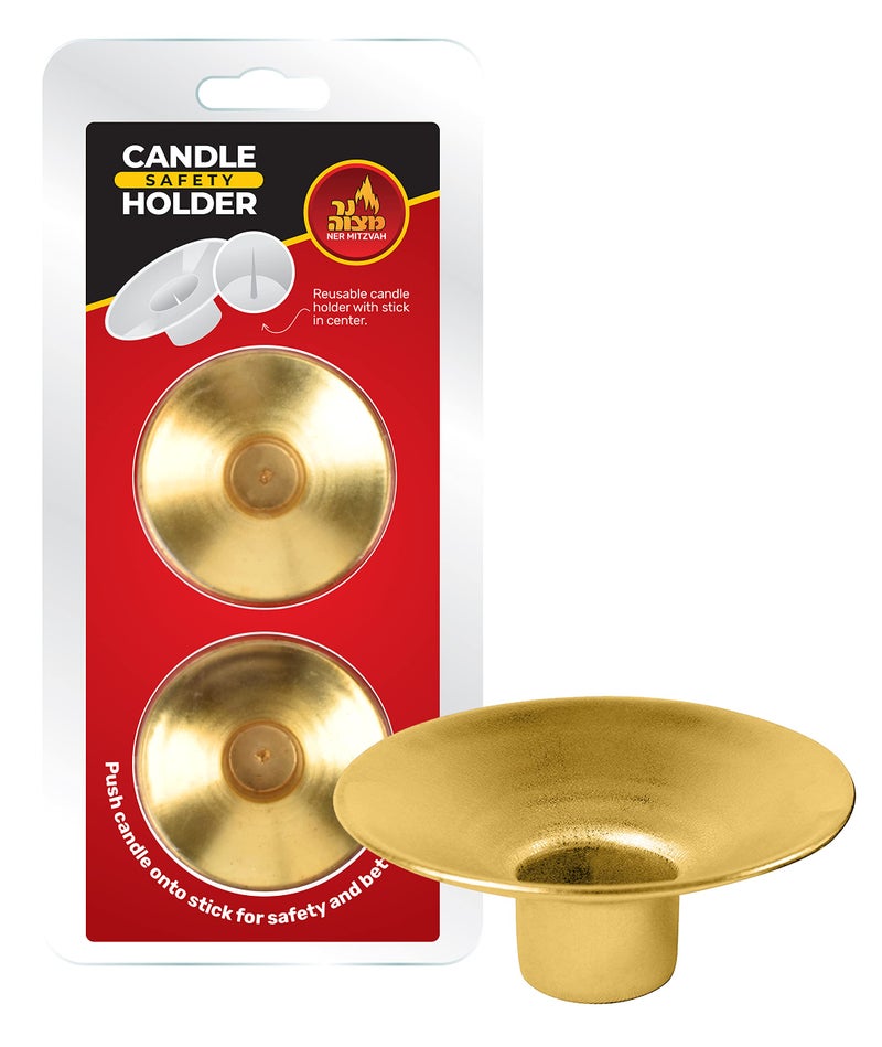 Ner Mitzvah Reusable Metal Candlestick Liners and Drip Guards  Safety Pin Holds Candles in Place  Nickel Plated Protector Bobeches  Gold  2 Pack