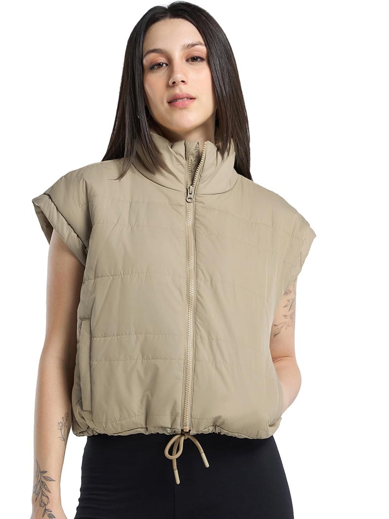 Bewakoof Women's Solid Beige Mock Neck Oversized Sleeveless Puffer Jacket - Image 3