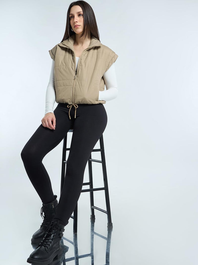 Bewakoof Women's Solid Beige Mock Neck Oversized Sleeveless Puffer Jacket - Image 4