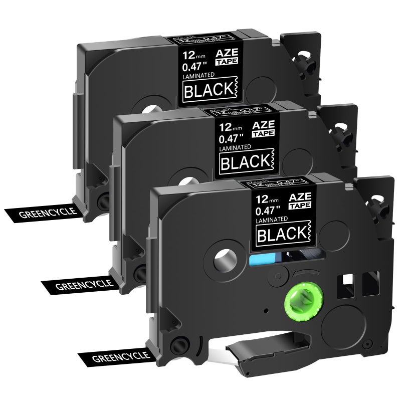 Greencycle 3 Pack 12Mm Black Tze Tape Replacement Tze-335 Tz-335 Aze Label Tape 0.47 12Mm 1/2"" White On Black Laminated Compatible For Brother P-Touch Label Maker Pt-D210 H100 H110 D400Ad D600 1290 - Image 1
