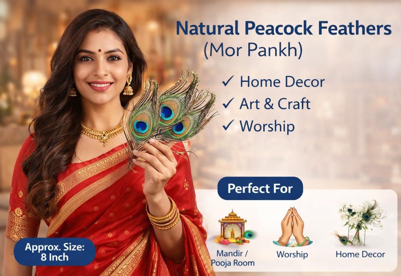 Tia Crafts Natural Peacock Feather (Mor Pankh) for Pooja, Home Decor, Art & Craft, Krishna Mandir Use | Real Peacock Feathers Small Size 8–10 cm (Pack of 5) - Image 3