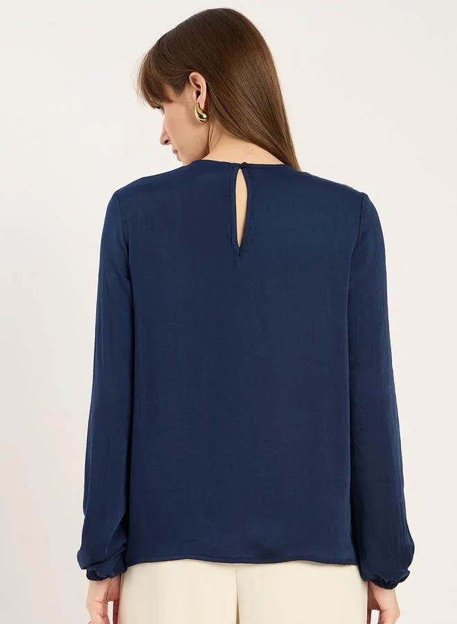 Femmella Women Navy Blue Long Sleeve Lace Hem Top