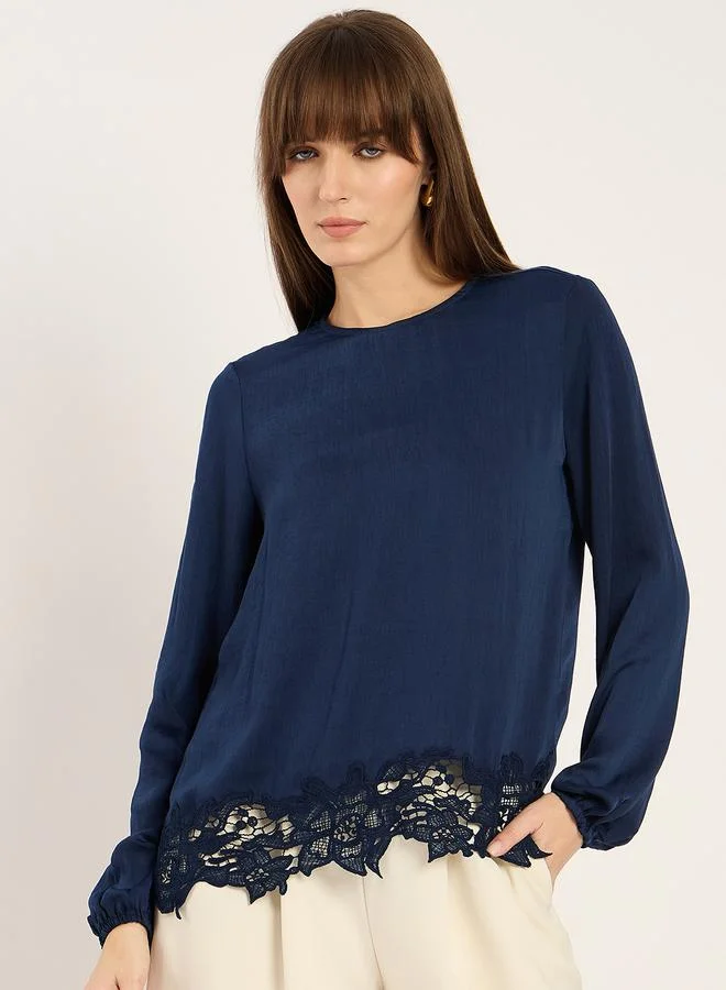Femmella Women Navy Blue Long Sleeve Lace Hem Top