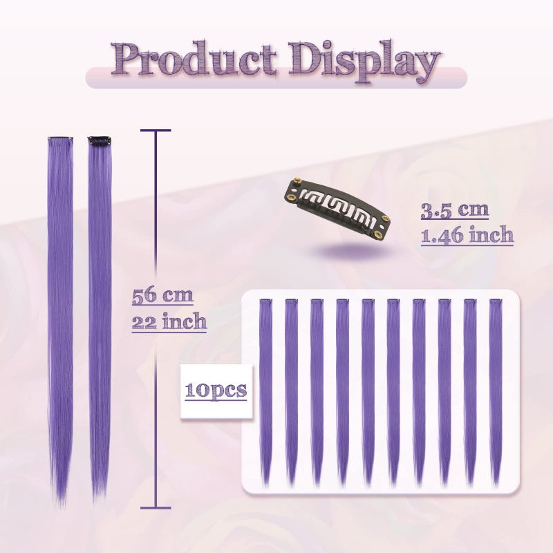SOFEIYAN Purple Hair Extensions Clip in 10 PCS Hair Extensions Colored Hair Extension 22 Inch Long Grey Purple Hair Pieces Colorful Synthetic for Women Halloween Christmas Party Cosplay Use - Image 2