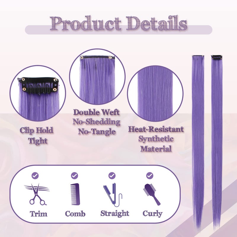 SOFEIYAN Purple Hair Extensions Clip in 10 PCS Hair Extensions Colored Hair Extension 22 Inch Long Grey Purple Hair Pieces Colorful Synthetic for Women Halloween Christmas Party Cosplay Use - Image 3
