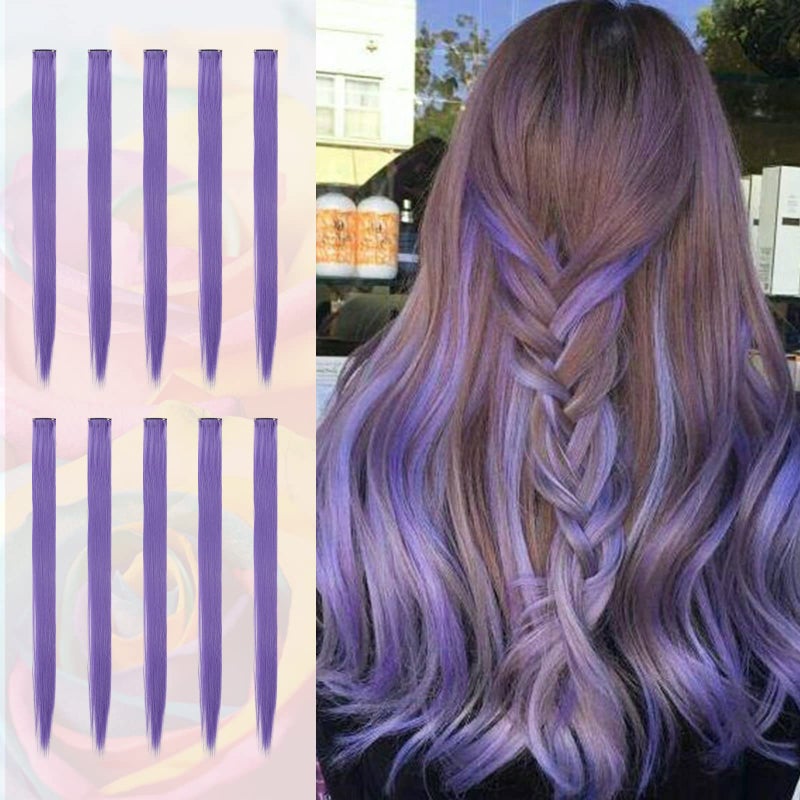 SOFEIYAN Purple Hair Extensions Clip in 10 PCS Hair Extensions Colored Hair Extension 22 Inch Long Grey Purple Hair Pieces Colorful Synthetic for Women Halloween Christmas Party Cosplay Use - Image 1