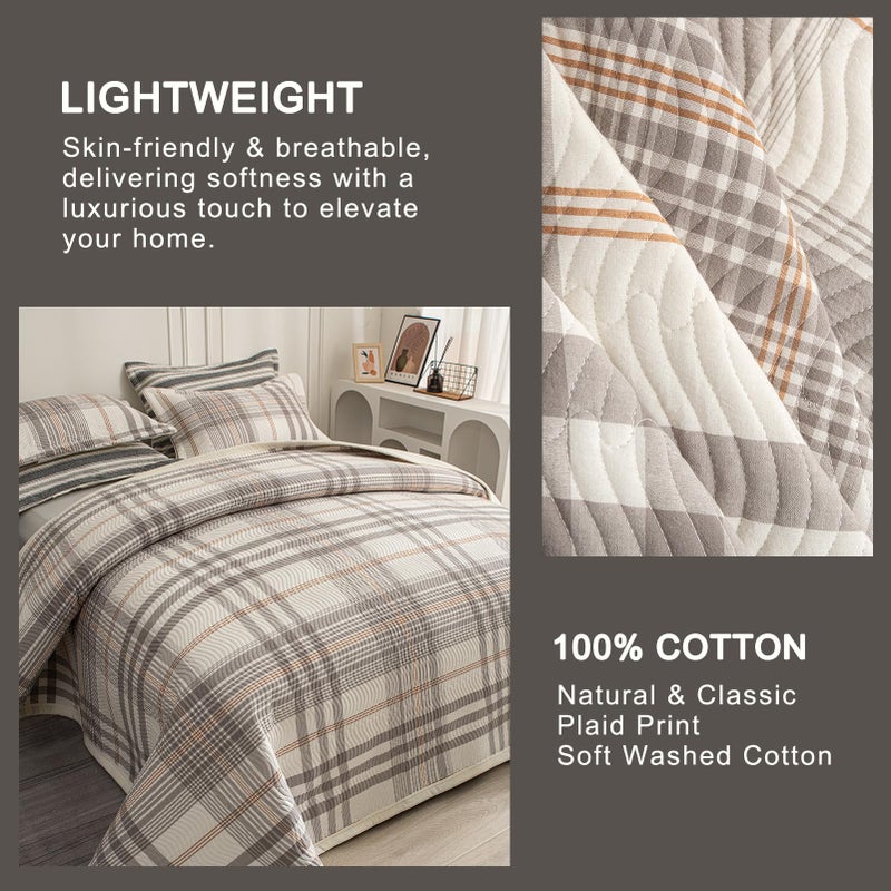 tohrisa Cotton Plaid Quilt Set, Ultra Soft 3 Pieces Queen Size Bedding with 2 Pillow Shams, Lightweight Reversible Coverlet Bedspread with Wave Quilting for Summer, 90"x96", Grid-Grey White - Image 3