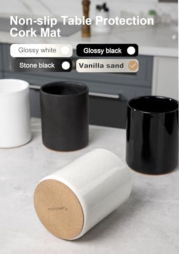 Nucookery Utensil Holder, 6.4" Ceramic Kitchen Utensil Holder for Countertop with Protection Cork Bottom, Vintage Farmhouse Kitchen Decor for Counter, Gift (Sand) - Image 2