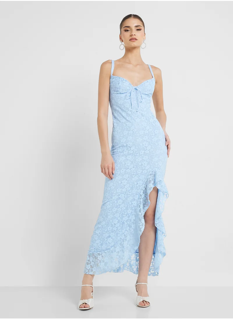 Ginger Strappy Floral Lace Dress With Ruffle Slit