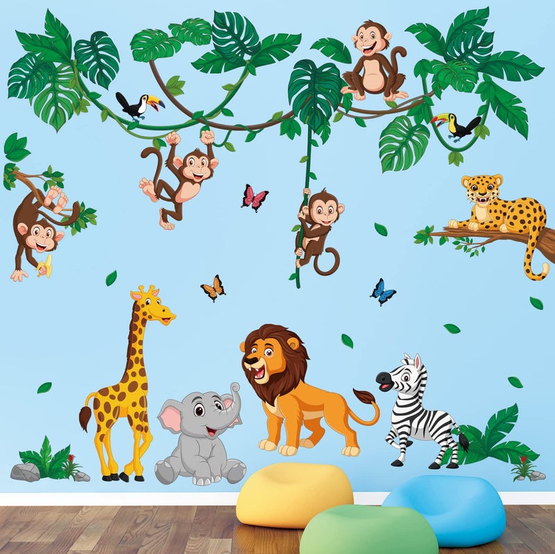 DECOWALL DSL8069 Jungle Animal Cartoon Wall Decals Elephant Monkey Giraffe Lion Forest Stickers for Kids Baby Nursery Bedroom Playroom Living Room Decor DIY Art