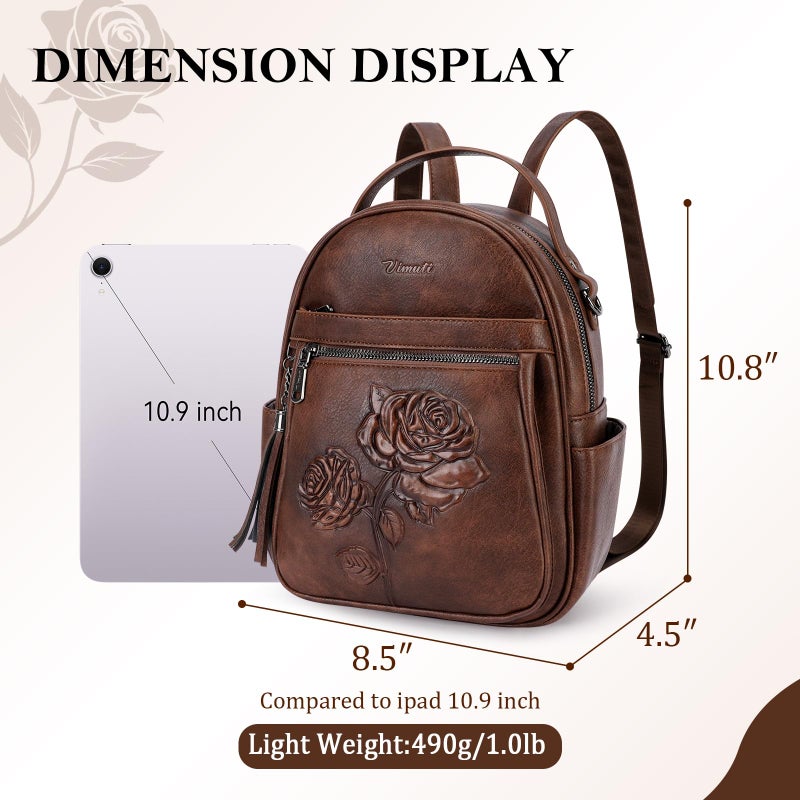 VIMUTI Mini Backpack Purse for Women,Embossed Leather Small Backpack Fashion Travel Backpacks Daypacks Shoulder Handbag (COFFEE-Flower) - Image 3