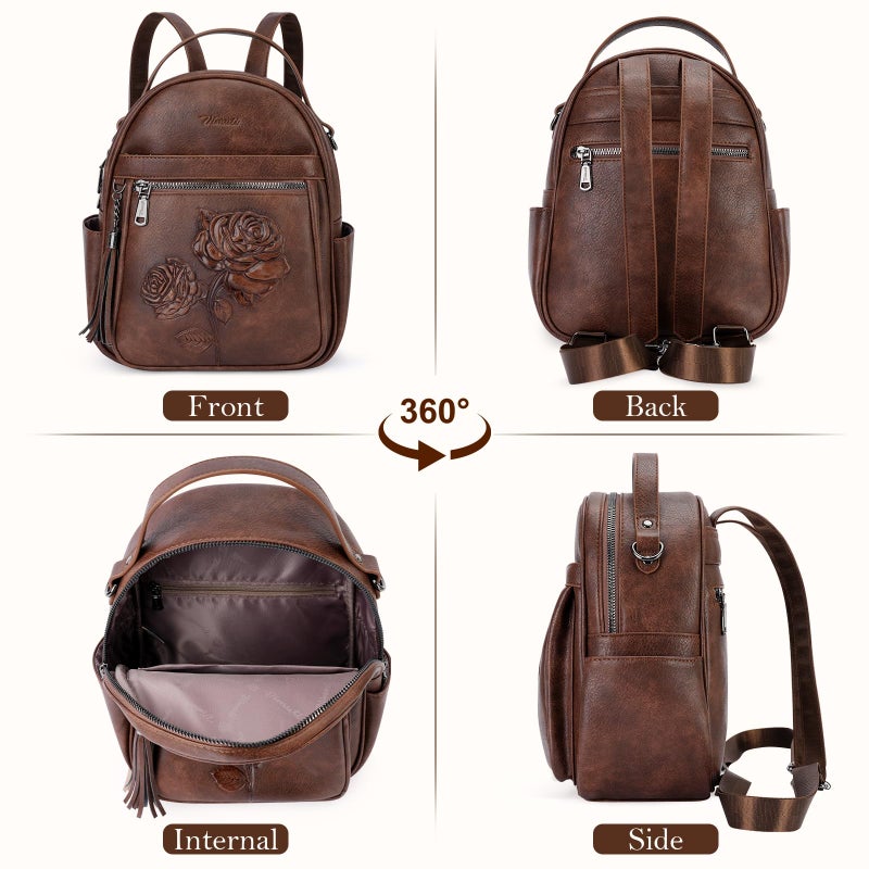 VIMUTI Mini Backpack Purse for Women,Embossed Leather Small Backpack Fashion Travel Backpacks Daypacks Shoulder Handbag (COFFEE-Flower) - Image 4
