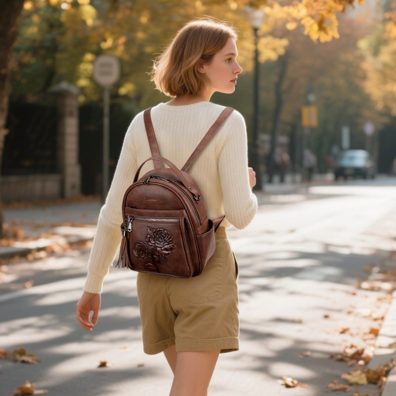 VIMUTI Mini Backpack Purse for Women,Embossed Leather Small Backpack Fashion Travel Backpacks Daypacks Shoulder Handbag (COFFEE-Flower) - Image 2