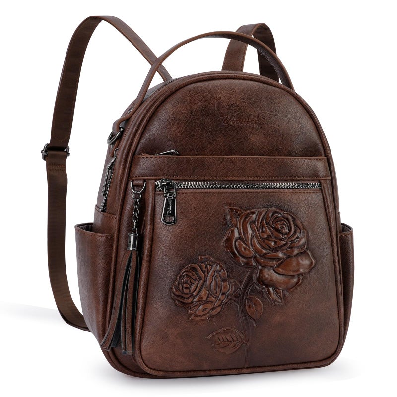 VIMUTI Mini Backpack Purse for Women,Embossed Leather Small Backpack Fashion Travel Backpacks Daypacks Shoulder Handbag (COFFEE-Flower) - Image 1