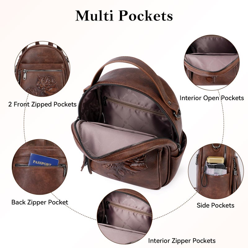 VIMUTI Mini Backpack Purse for Women,Embossed Leather Small Backpack Fashion Travel Backpacks Daypacks Shoulder Handbag (COFFEE-Flower) - Image 5
