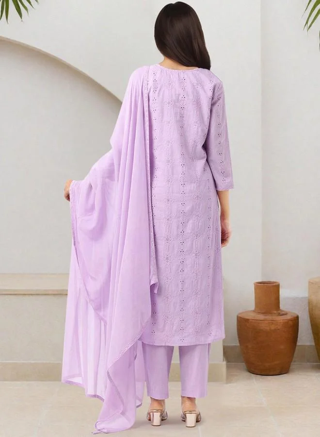 ISHIN Women's Lilac 100% Cotton Embroidered Tunic Full Length Palazzo Straight Fit Kurta Set