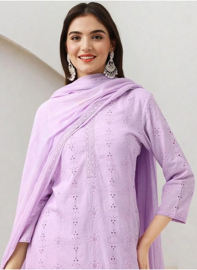 ISHIN Lilac Women Lilac Cotton Kurta Set with Embroidered pattern Tunic and Palazzo features a Round neckline and Three-Fourth Sleeve secured with Elastic closure and styled in Straight Fit ideal for Festive moments — crafted to elevate your special moments.