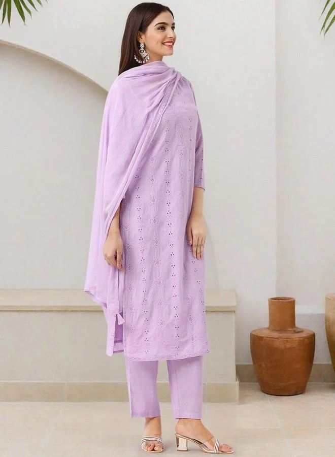ISHIN Women's Lilac 100% Cotton Embroidered Tunic Full Length Palazzo Straight Fit Kurta Set
