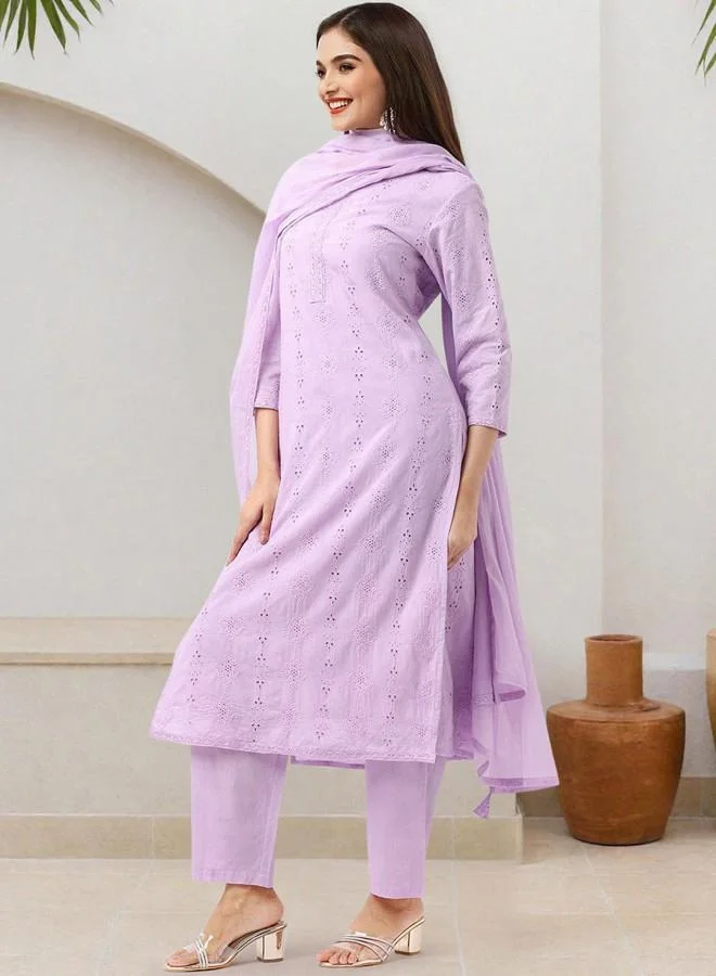 ISHIN Women's Lilac 100% Cotton Embroidered Tunic Full Length Palazzo Straight Fit Kurta Set