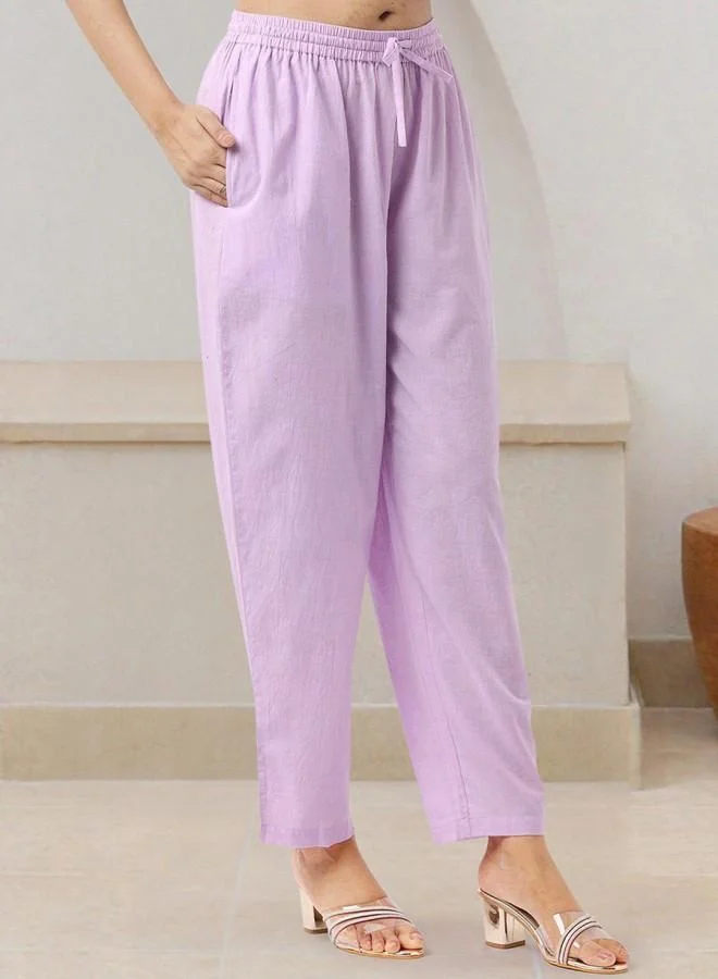 ISHIN Women's Lilac 100% Cotton Embroidered Tunic Full Length Palazzo Straight Fit Kurta Set