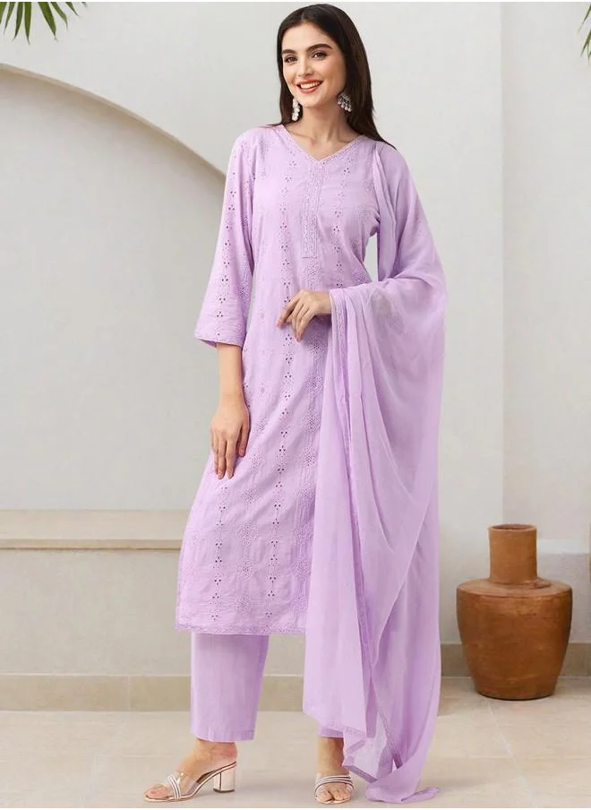 ISHIN Lilac Women Lilac Cotton Kurta Set with Embroidered pattern Tunic and Palazzo features a Round neckline and Three-Fourth Sleeve secured with Elastic closure and styled in Straight Fit ideal for Festive moments — crafted to elevate your special moments.