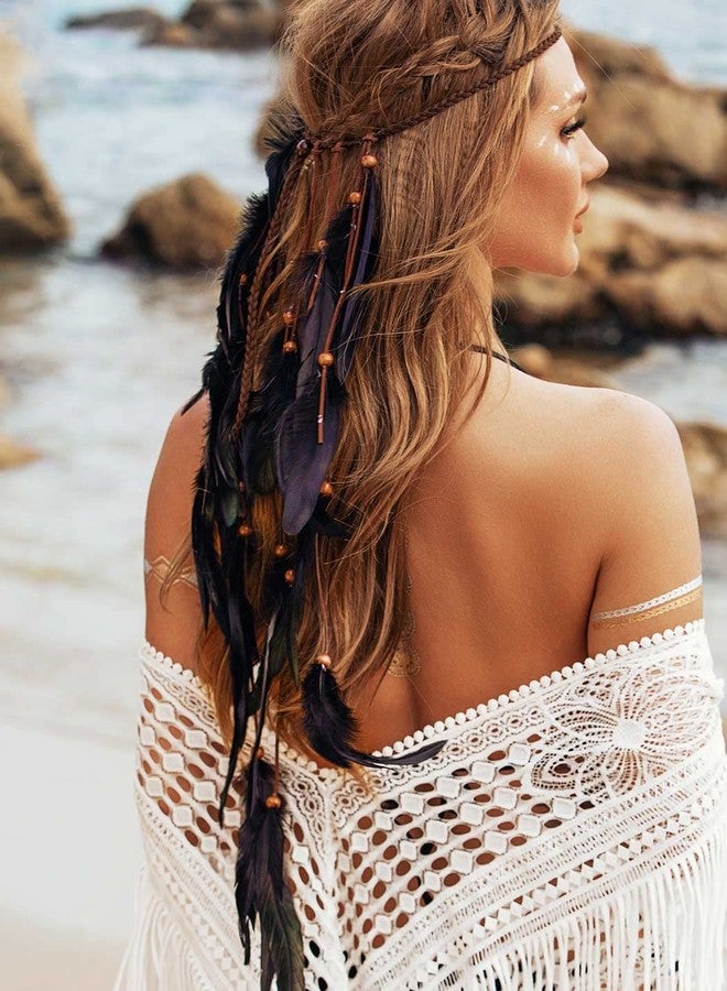 GENBREE Boho Black Feather Headband Hippie Headpiece Witch Headdress Viking Hair Accessories for Women - Image 4