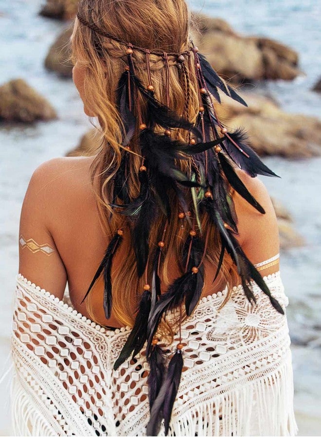 GENBREE Boho Black Feather Headband Hippie Headpiece Witch Headdress Viking Hair Accessories for Women - Image 2