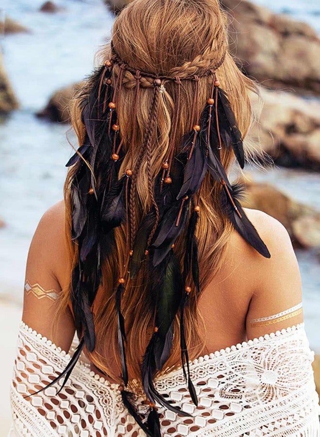 GENBREE Boho Black Feather Headband Hippie Headpiece Witch Headdress Viking Hair Accessories for Women - Image 1