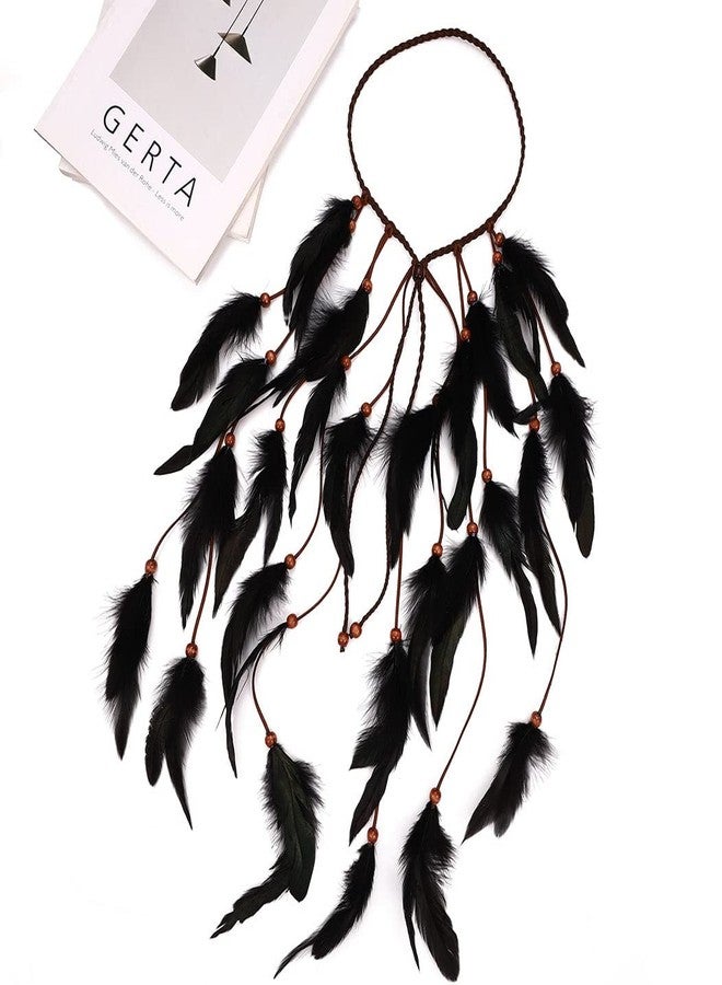 GENBREE Boho Black Feather Headband Hippie Headpiece Witch Headdress Viking Hair Accessories for Women - Image 3