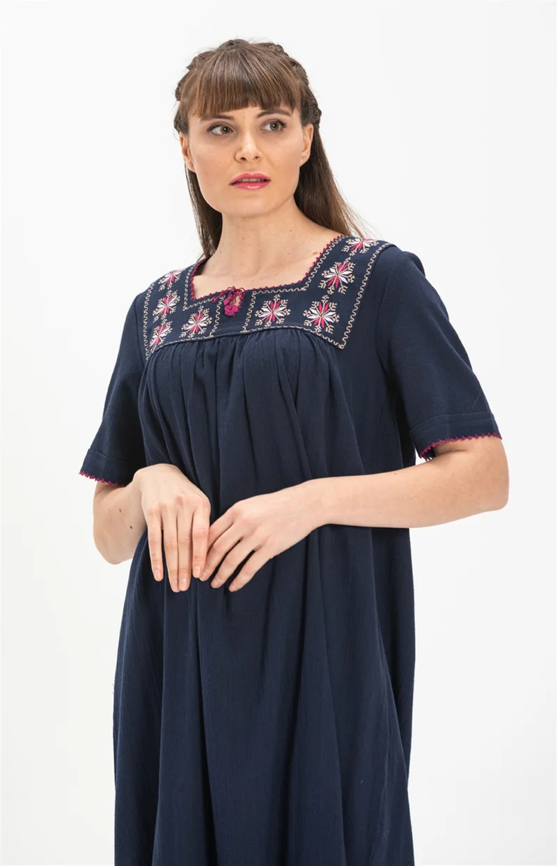 Eliş Şile Bezi Short Sleeve Şile Classic Dress Navy Blue Lcvt