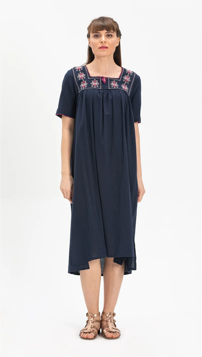 Eliş Şile Bezi Short Sleeve Şile Classic Dress Navy Blue Lcvt