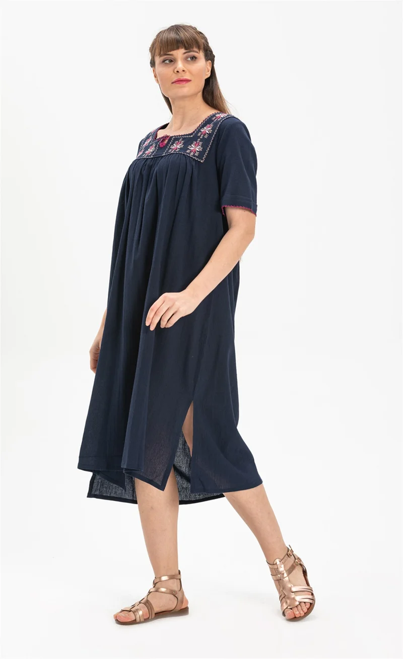Eliş Şile Bezi Short Sleeve Şile Classic Dress Navy Blue Lcvt