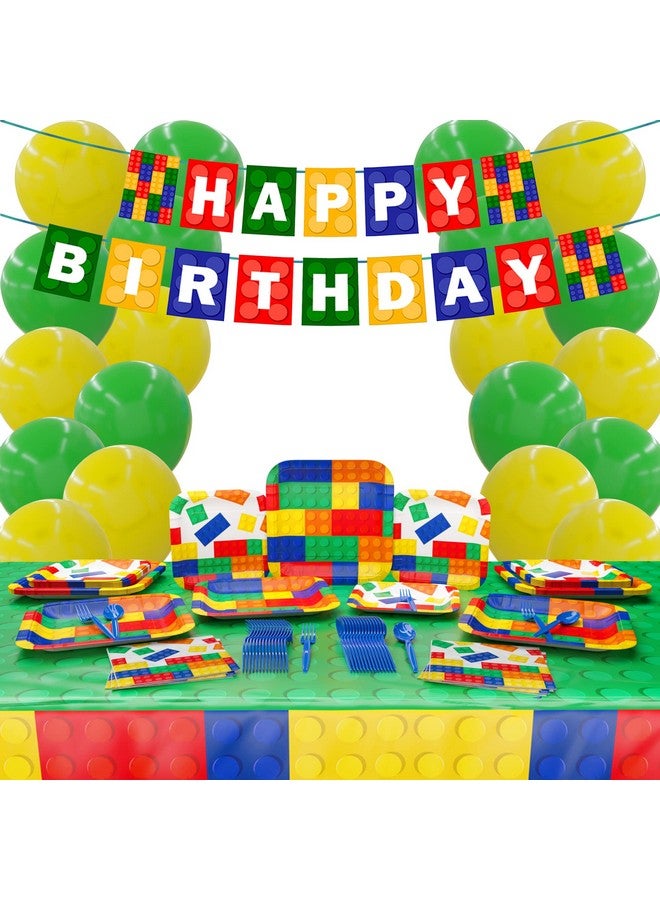 بلو أورتشدس عبوات لوازم الحفلات الفاخرة من الطوب (123 قطعة لـ 16 ضيفًا) لوازم حفلات البناء وديكورات أعياد ميلاد اللاعبين ومستلزمات حفلات الألعاب وكتل ديكور الحفلات من الطوب البساتين الزرقاء لعيد الميلاد - Image 1