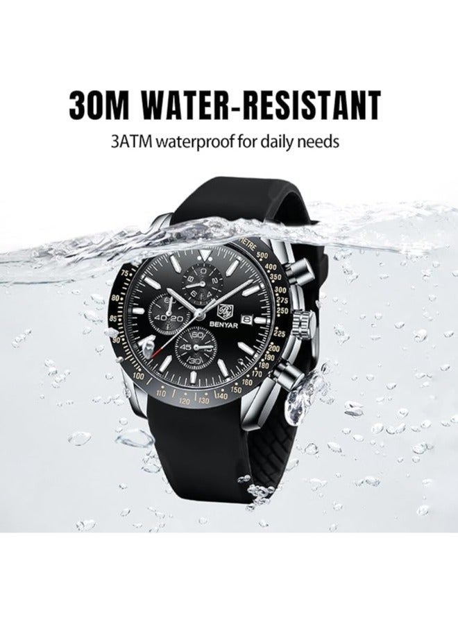 Mens Watch Waterproof Chronograph Date Watch for Men Rubber Strap Quartz Movement Analog Watch Business Casual Gift for Men